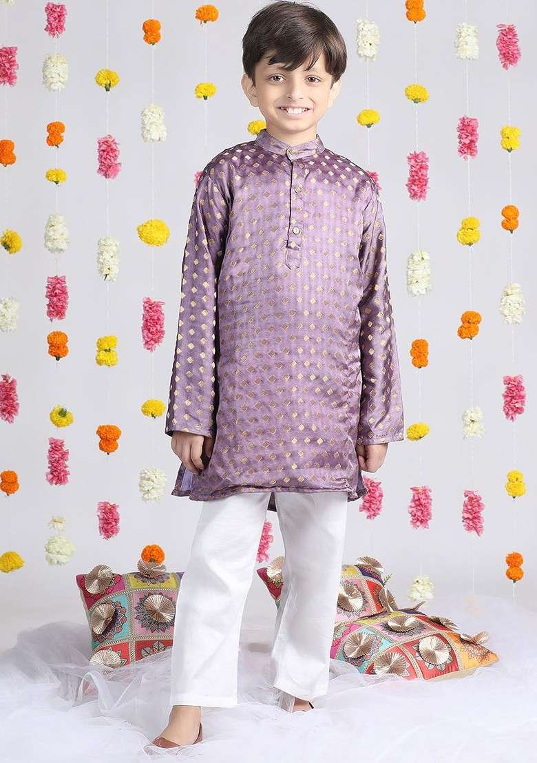 Purple Woven Design Blended Kurta Set For Boys - Indya