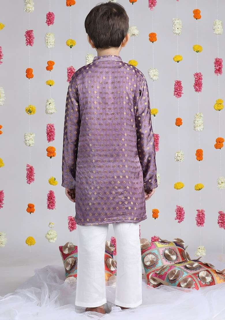 Purple Woven Design Blended Kurta Set For Boys - Indya