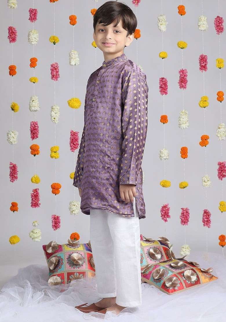 Purple Woven Design Blended Kurta Set For Boys - Indya