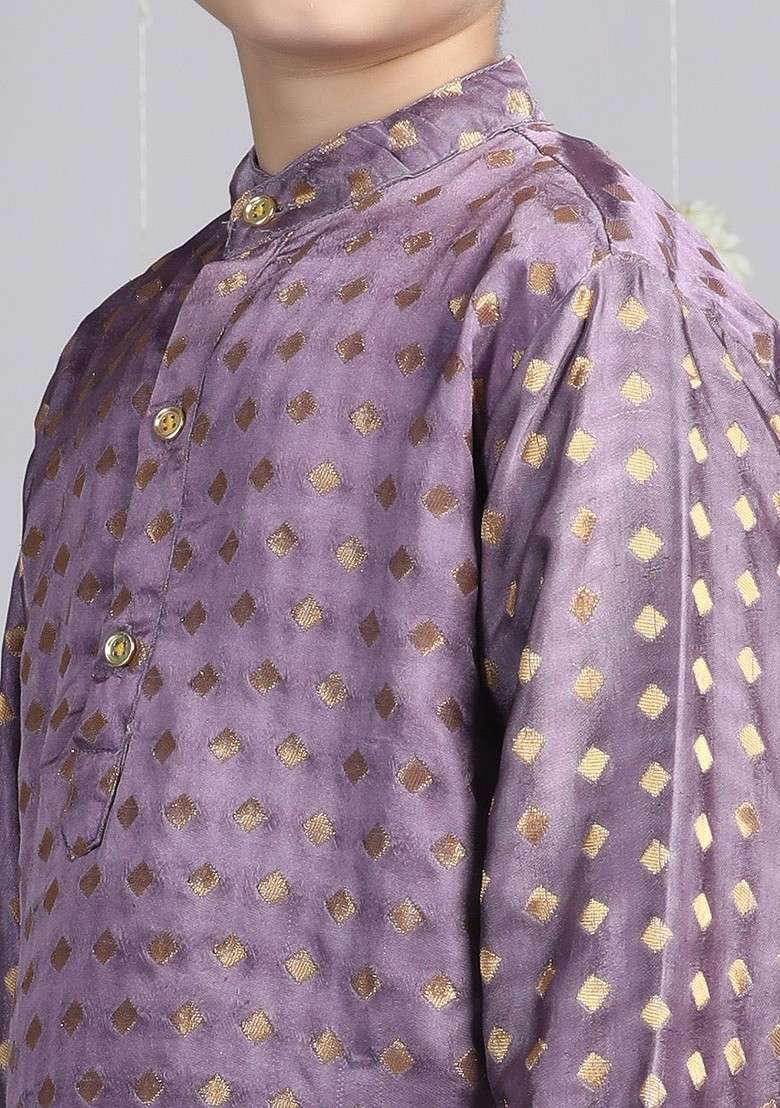 Purple Woven Design Blended Kurta Set For Boys - Indya
