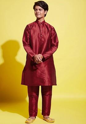 Maroon Embroidered Blended Kurta Set For Boys