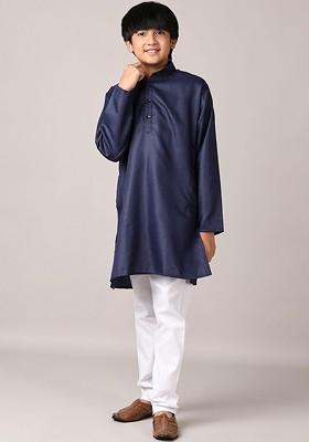 Navy Blue Embroidered Cotton Kurta Set For Boys