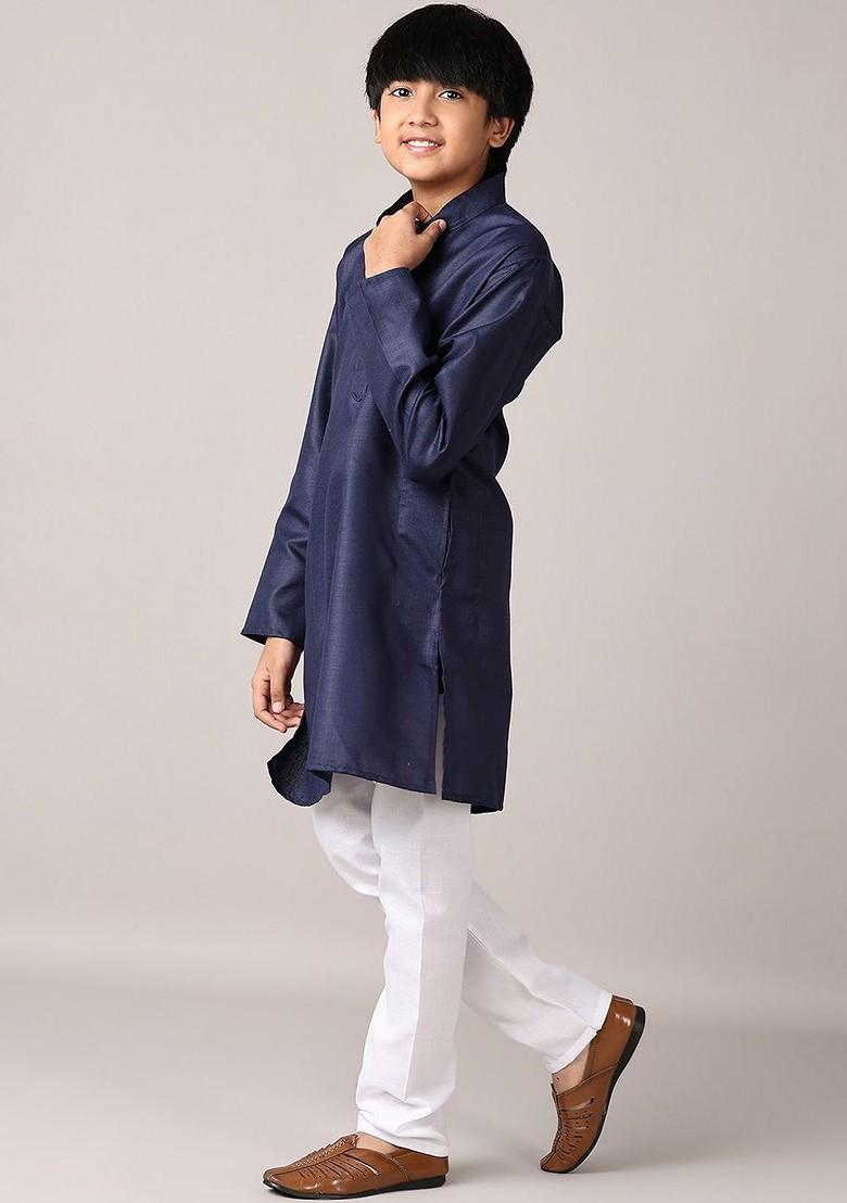 Navy Blue Embroidered Cotton Kurta Set For Boys - Indya
