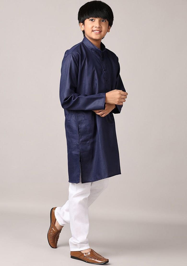 Navy Blue Embroidered Cotton Kurta Set For Boys - Indya