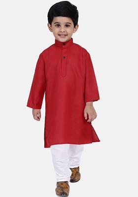 Red Embroidered Cotton Kurta Set For Boys