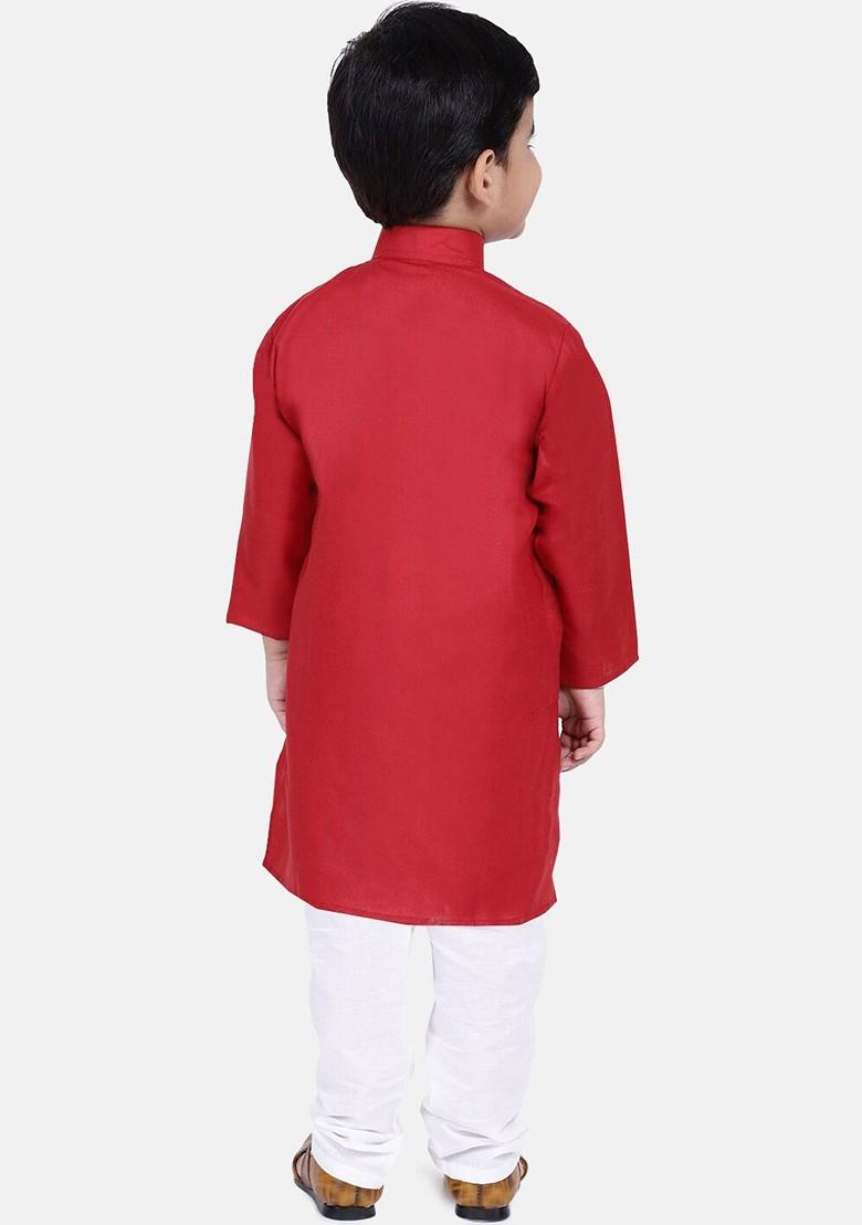 Red Embroidered Cotton Kurta Set For Boys - Indya
