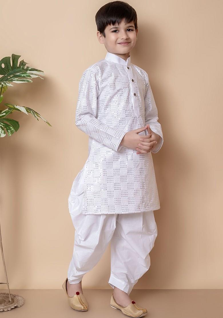 White Embroidered Blended Kurta Dhoti Set For Boys - Indya