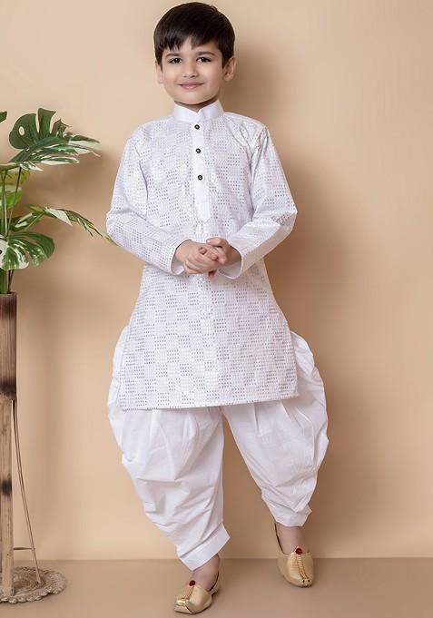 White Embroidered Blended Kurta Dhoti Set For Boys — view on Indya