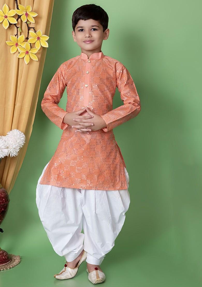 Peach Embroidered Silk Kurta Dhoti Set For Boys - Indya