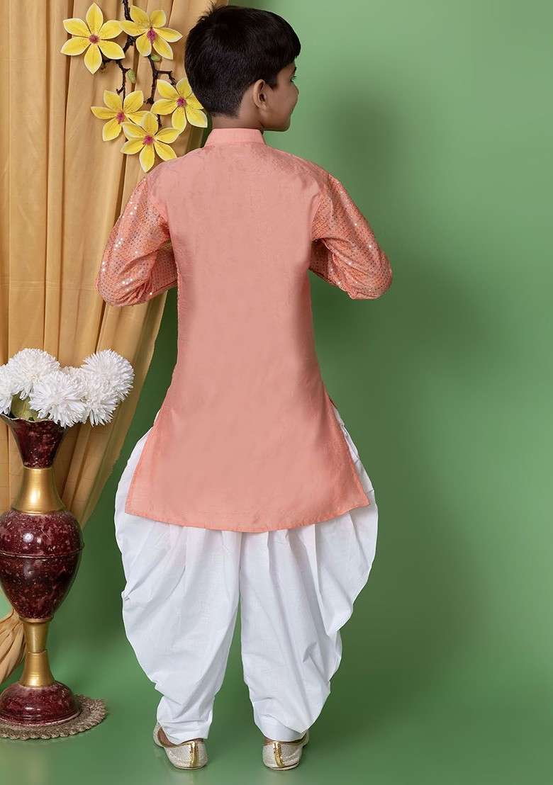 Peach Embroidered Silk Kurta Dhoti Set For Boys - Indya