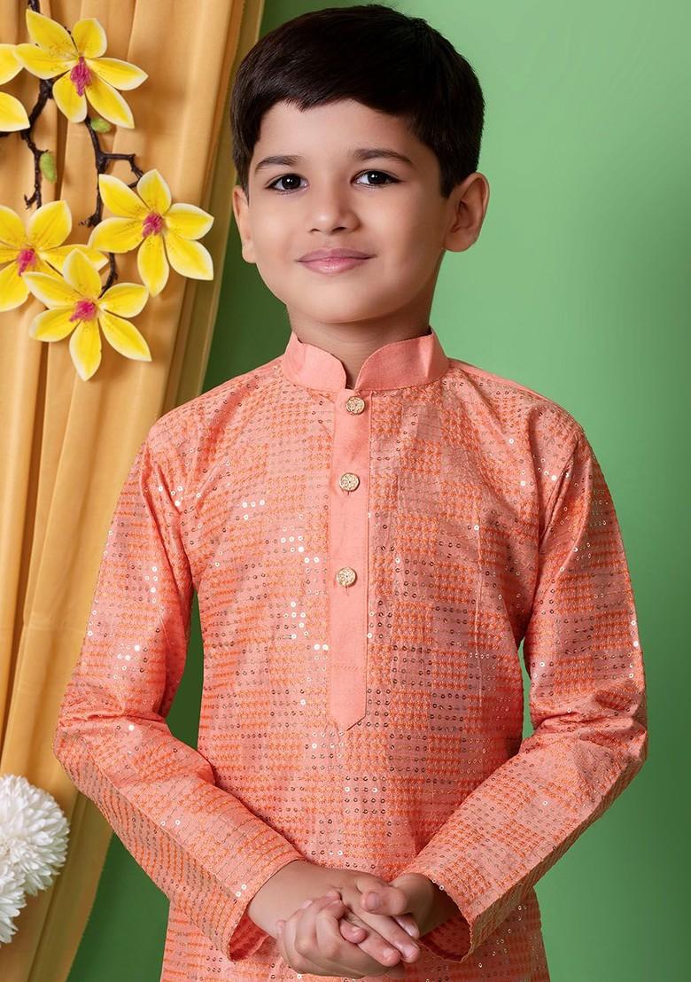 Peach Embroidered Silk Kurta Dhoti Set For Boys - Indya