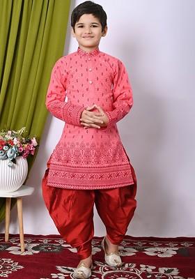 Pink Embroidered Blended Kurta Set For Boys