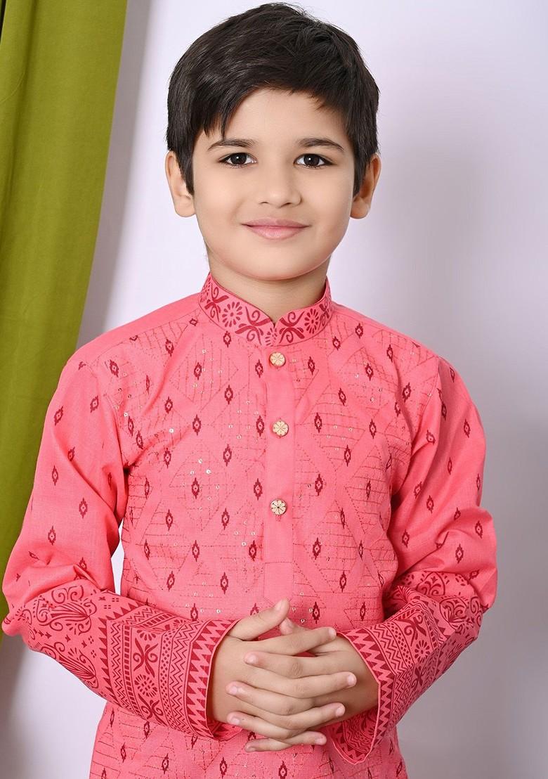 Pink Embroidered Blended Kurta Set For Boys - Indya