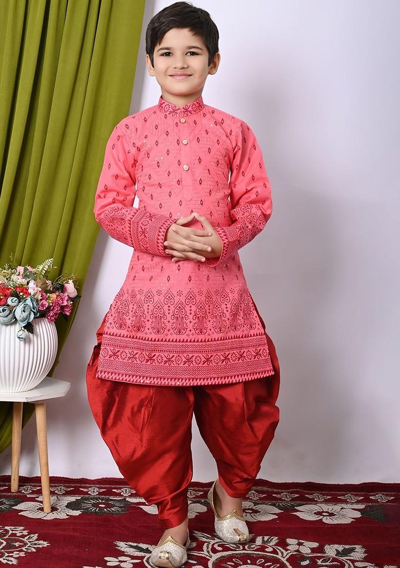 Pink Embroidered Blended Kurta Set For Boys - Indya