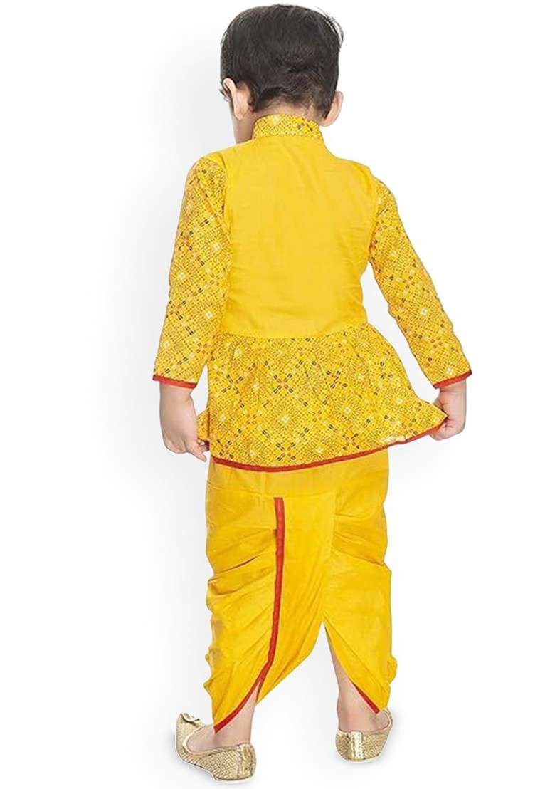 Yellow Embroidered Cotton Kurta Dhoti Set For Boys - Indya