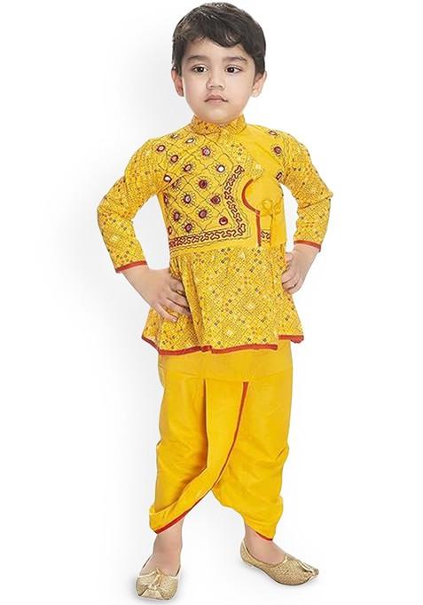 Yellow Embroidered Cotton Kurta Dhoti Set For Boys — view on Indya