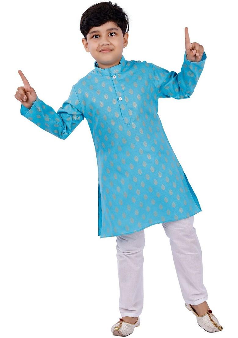 Turquoise Blue Printed Blended Kurta Set For Boys - Indya