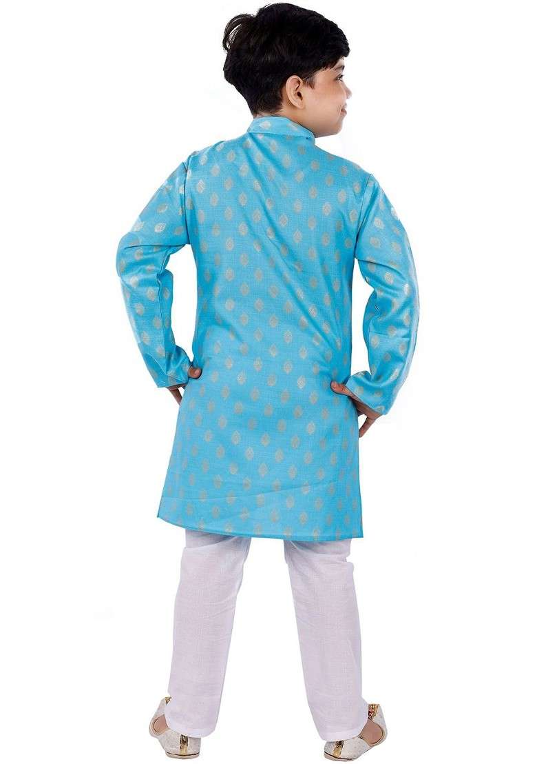 Turquoise Blue Printed Blended Kurta Set For Boys - Indya