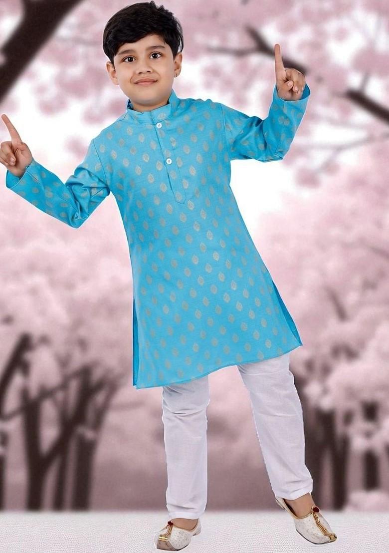 Turquoise Blue Printed Blended Kurta Set For Boys - Indya