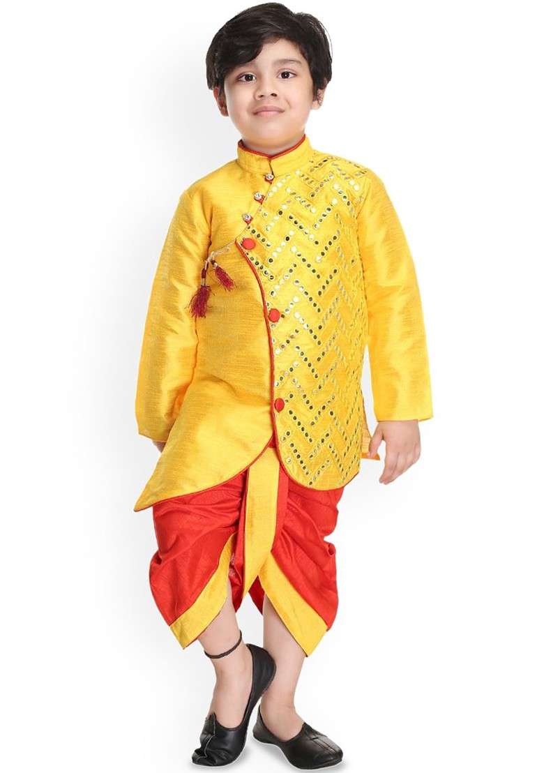 Yellow Embroidered Blended Kurta Dhoti Set For Boys - Indya