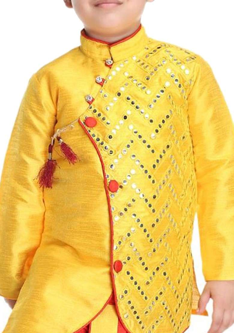 Yellow Embroidered Blended Kurta Dhoti Set For Boys - Indya