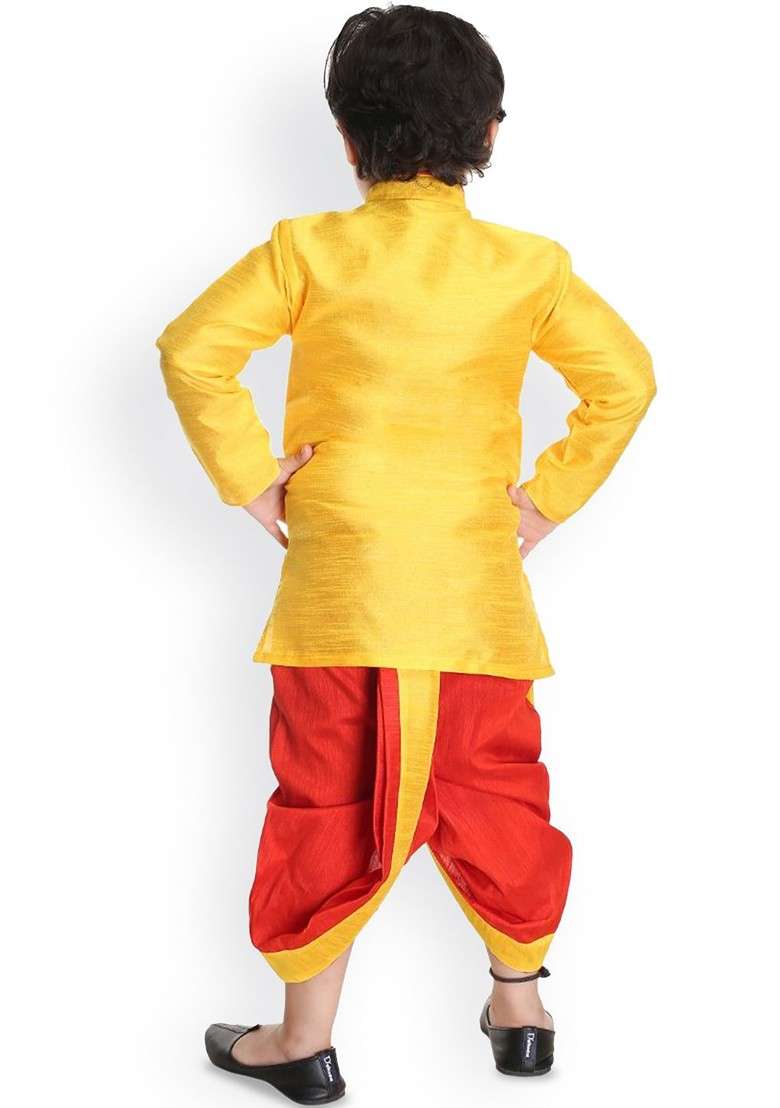 Yellow Embroidered Blended Kurta Dhoti Set For Boys - Indya