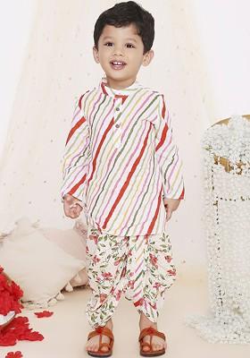 White Printed Cotton Kurta Dhoti Set For Boys