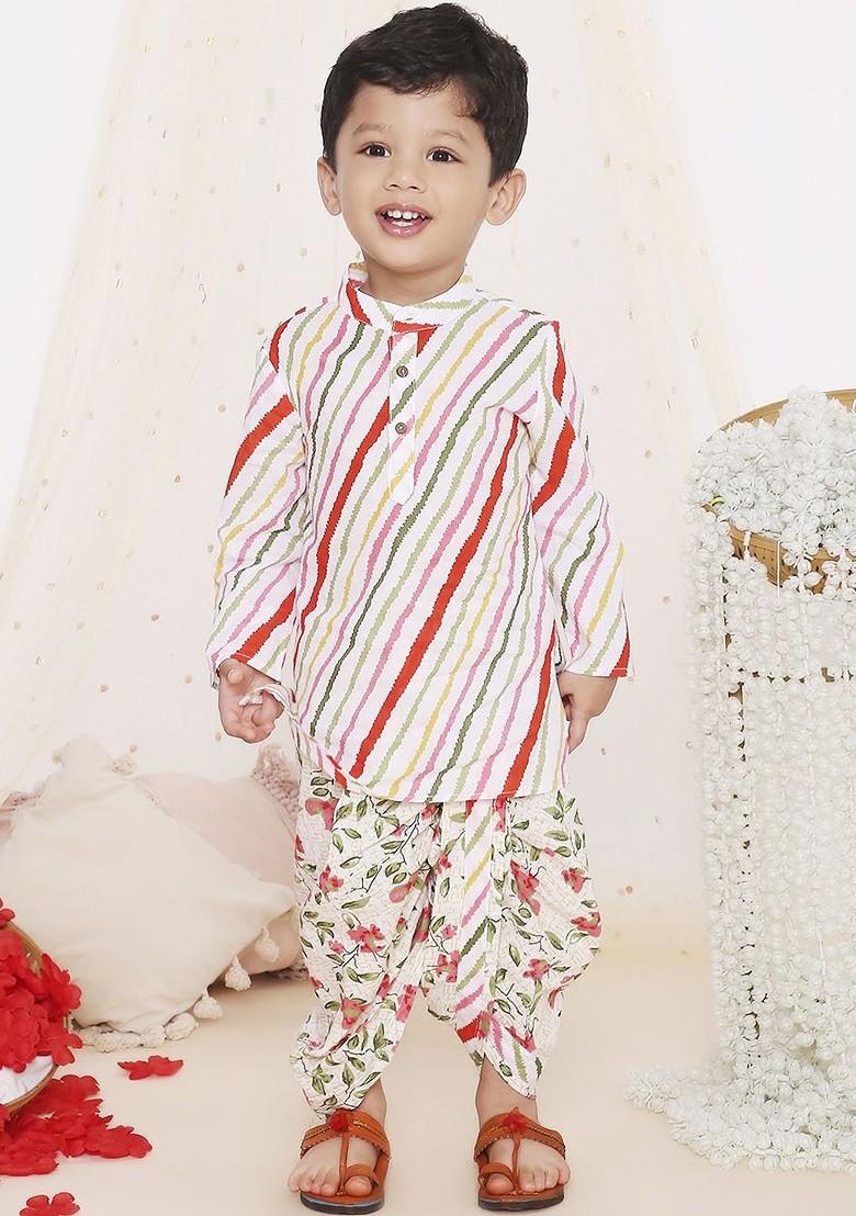 White Printed Cotton Kurta Dhoti Set For Boys - Indya