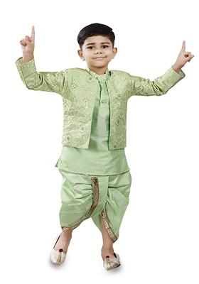 Green Embroidered Blended Kurta Dhoti Set For Boys