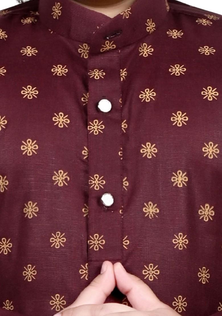 Maroon Printed Blended Kurta Set For Boys - Indya
