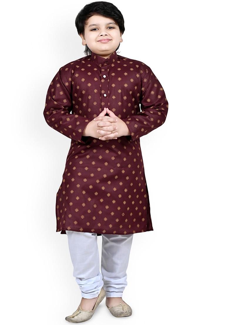 Maroon Printed Blended Kurta Set For Boys - Indya