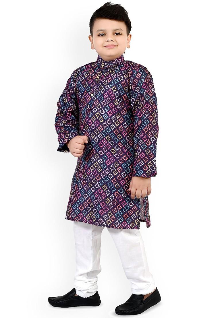 Black Printed Blended Kurta Set For Boys - Indya
