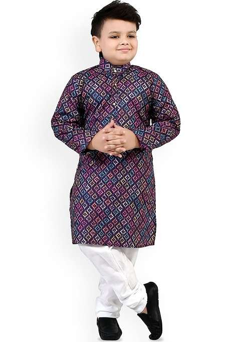 Black Printed Blended Kurta Set For Boys
