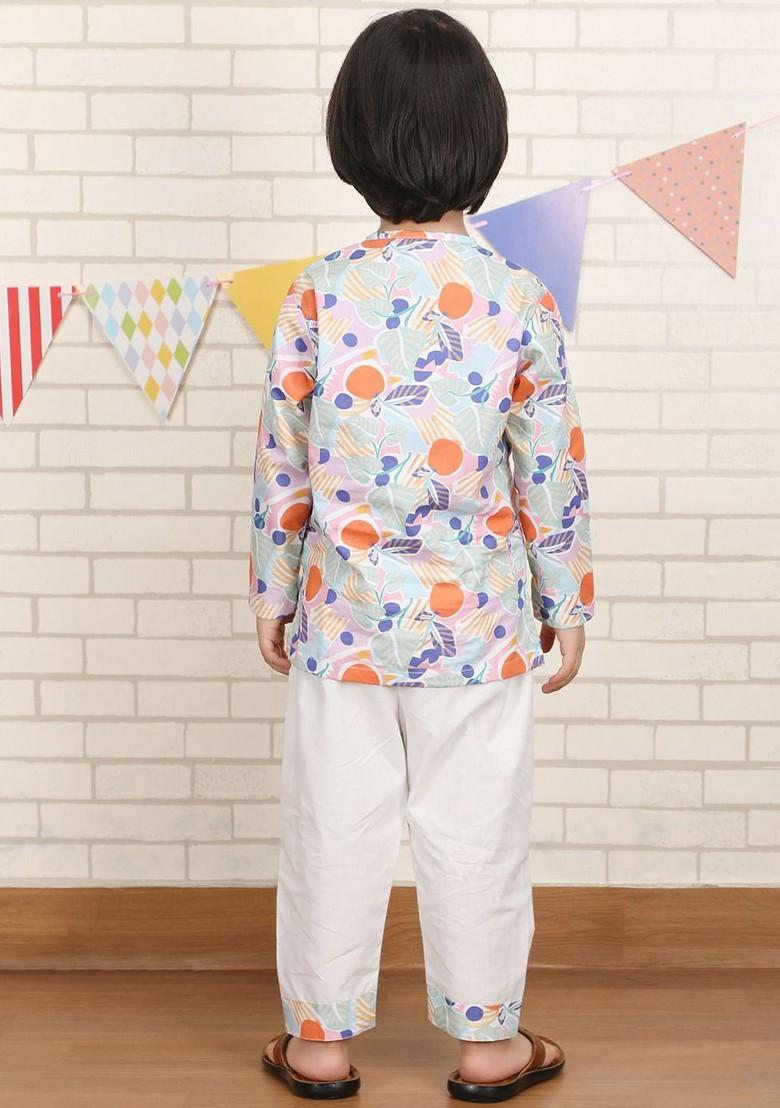 Yellow Printed Cotton Kurta Set For Boys - Indya