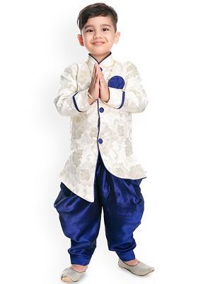 Blue Woven Design Silk Kurta Dhoti Set For Boys
