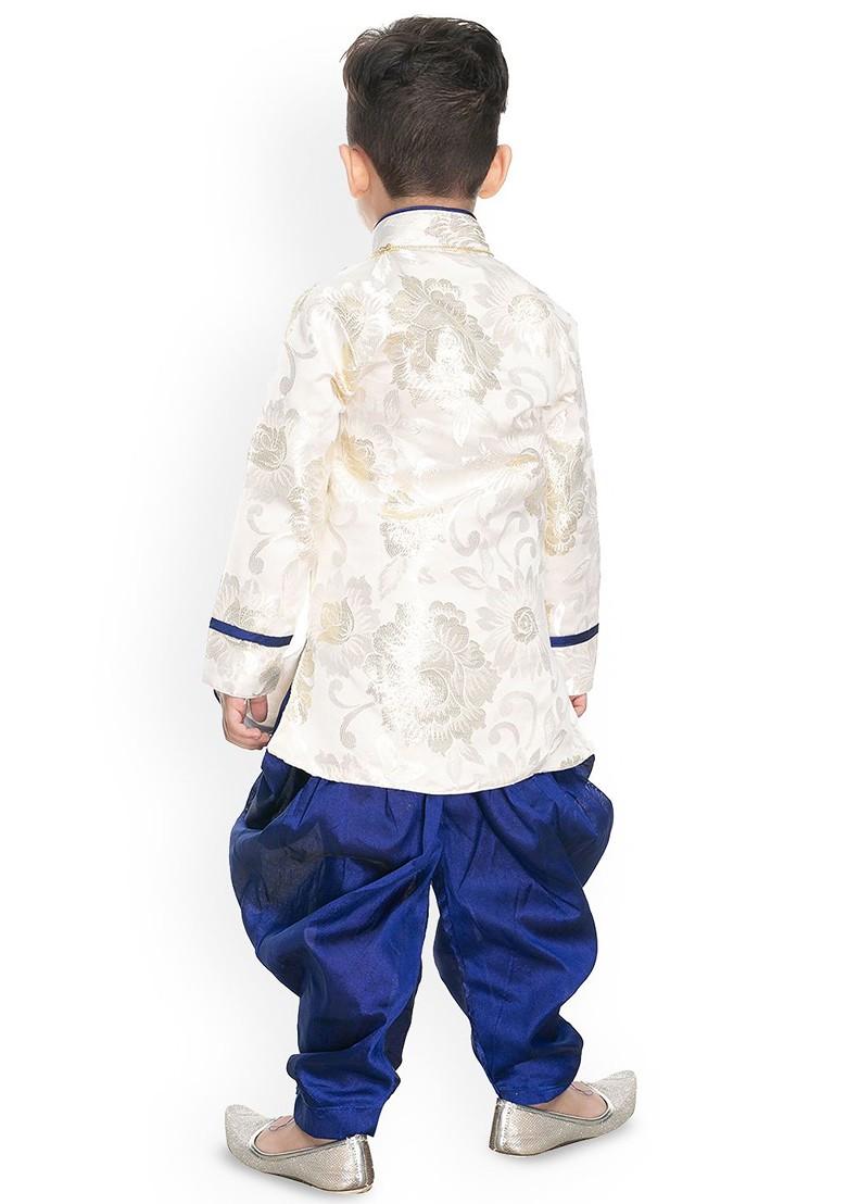 Blue Woven Design Silk Kurta Dhoti Set For Boys - Indya