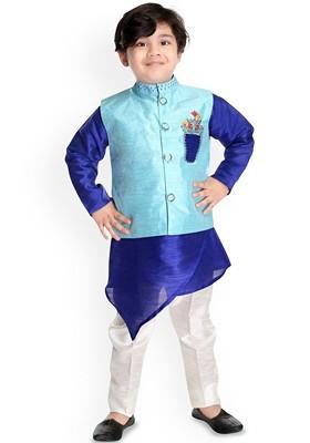 Turquoise Blue Embroidered Blended Kurta Set For Boys
