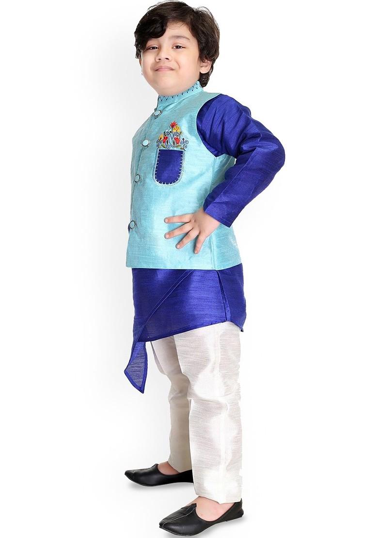 Turquoise Blue Embroidered Blended Kurta Set For Boys - Indya
