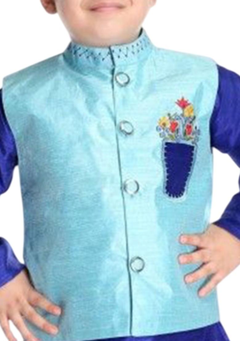 Turquoise Blue Embroidered Blended Kurta Set For Boys - Indya