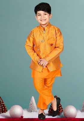 Yellow Woven Design Blended Kurta Set For Boys