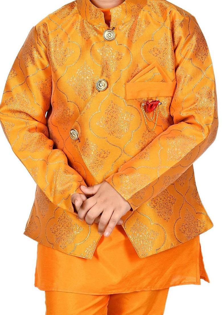 Yellow Woven Design Blended Kurta Set For Boys - Indya