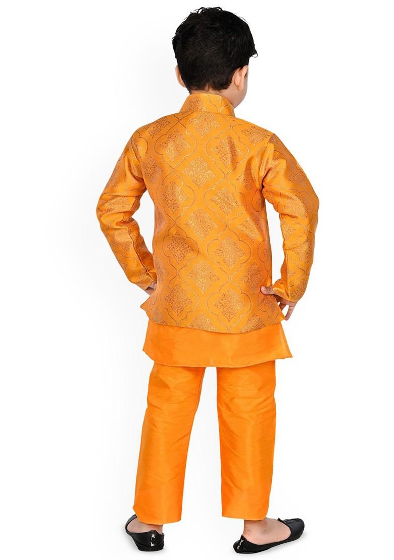 Yellow Woven Design Blended Kurta Set For Boys - Indya