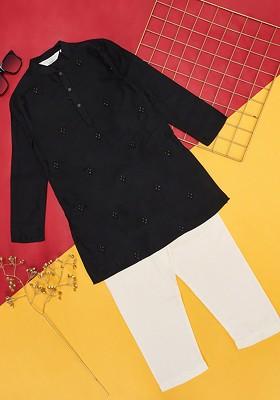 Black Embroidered Blended Kurta Set For Boys