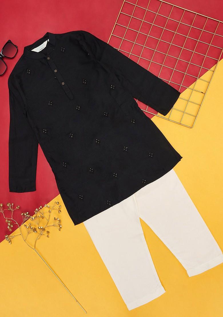 Black Embroidered Blended Kurta Set For Boys - Indya