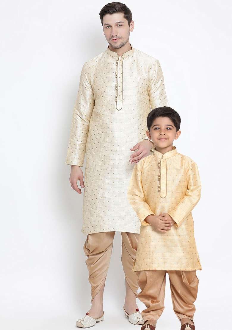 Gold Embroidered Blended Kurta Dhoti Set For Boys - Indya