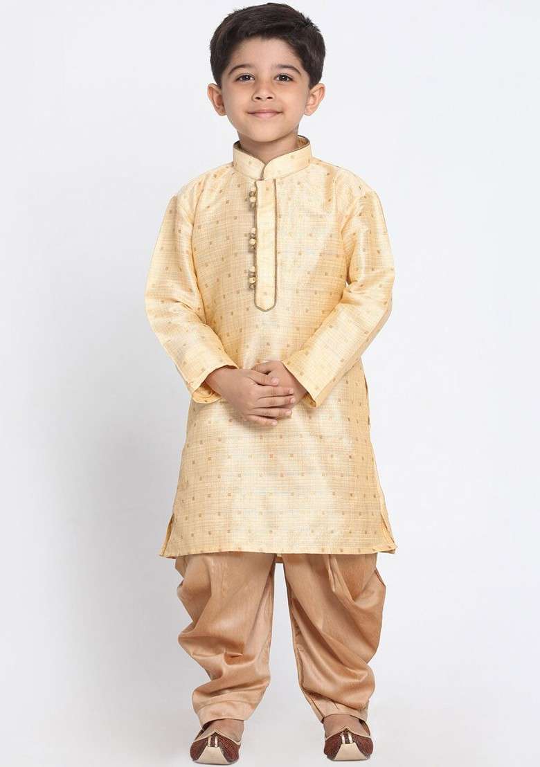 Gold Embroidered Blended Kurta Dhoti Set For Boys - Indya