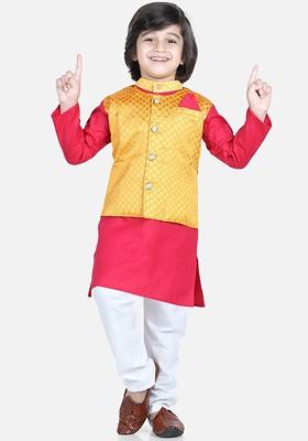 Pink Embroidered Cotton Kurta Set For Boys