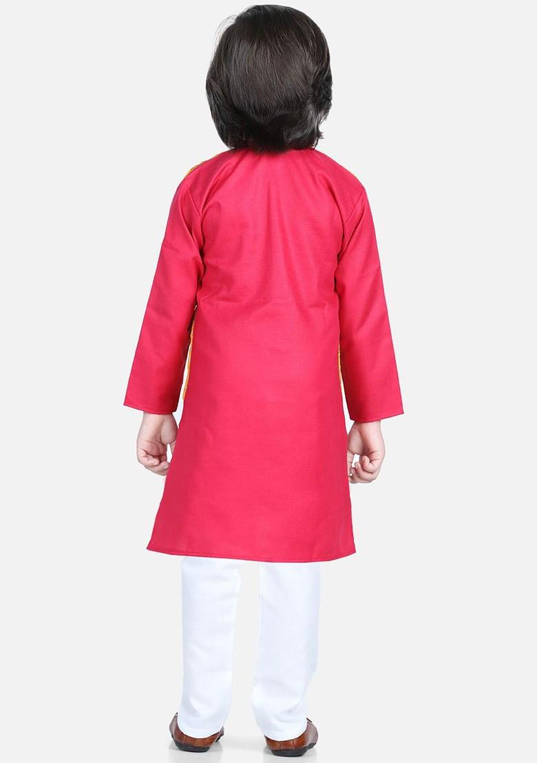 Pink Embroidered Cotton Kurta Set For Boys - Indya