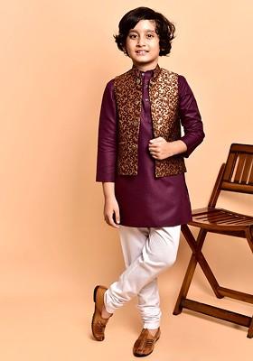 Burgundy Embroidered Blended Nehru Jacket Set For Boys
