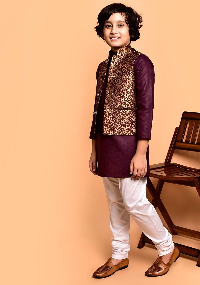 Burgundy Embroidered Blended Nehru Jacket Set For Boys - Indya